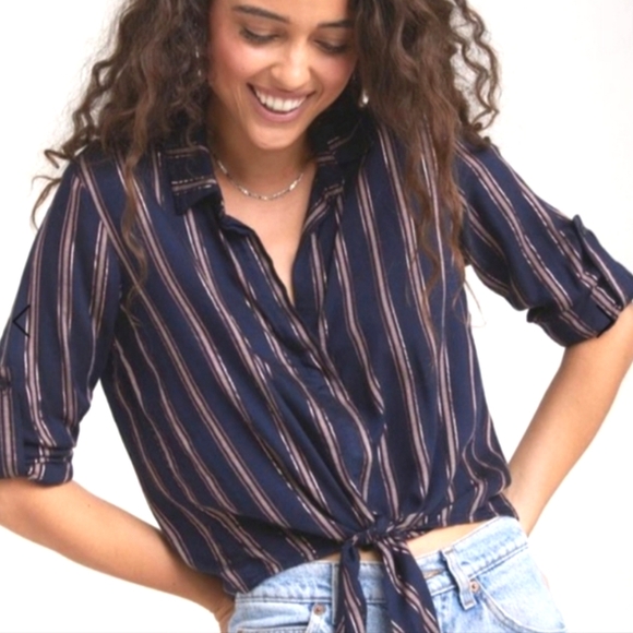 Bella Dahl Tops - Bella Dahl Cropped Tie Front Button Up Adjustable Sleeve Copper Blouse Sz Med